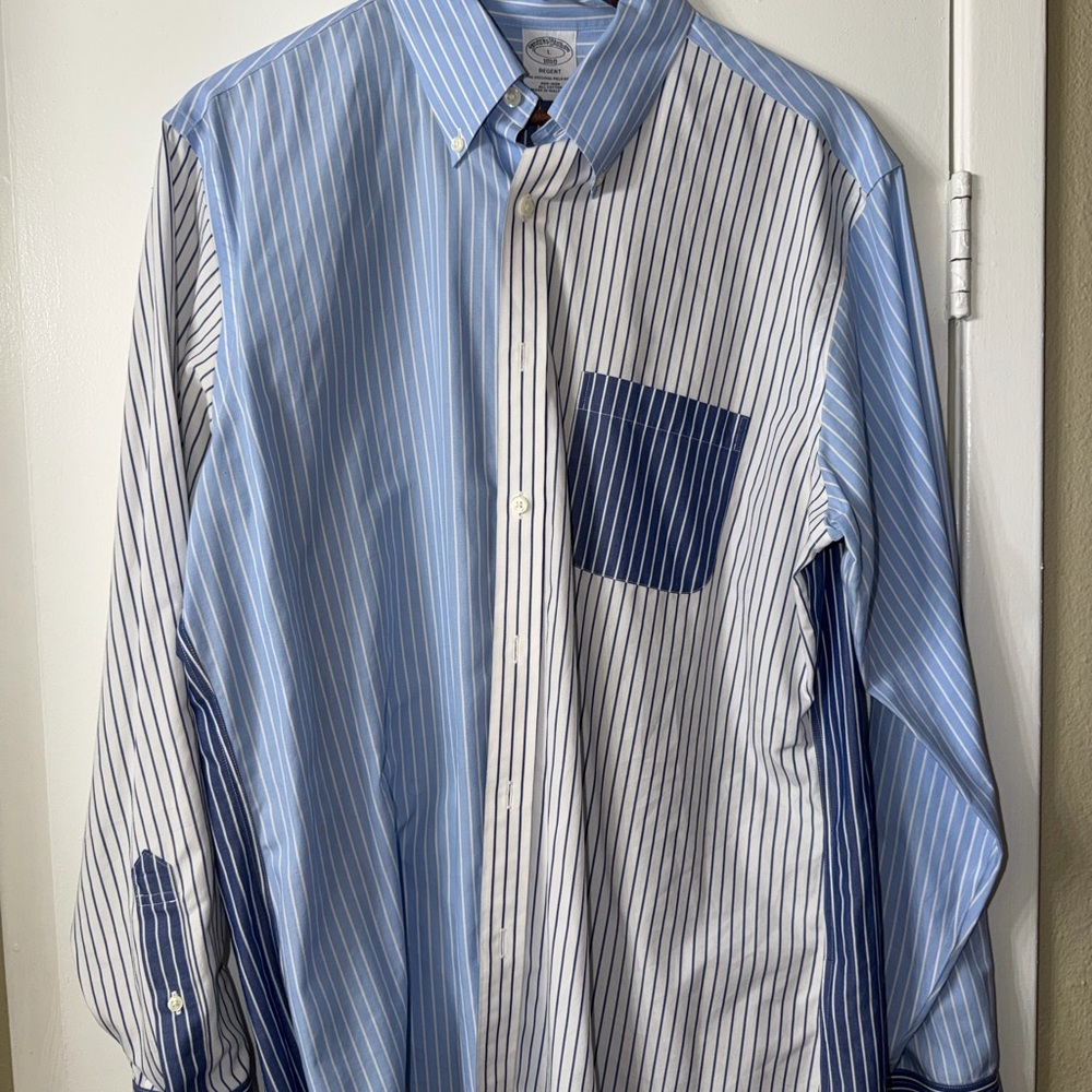 Brooks Brothers 1818 Regent Patchwork Stripe Shirt Large Blue White Non-Iron